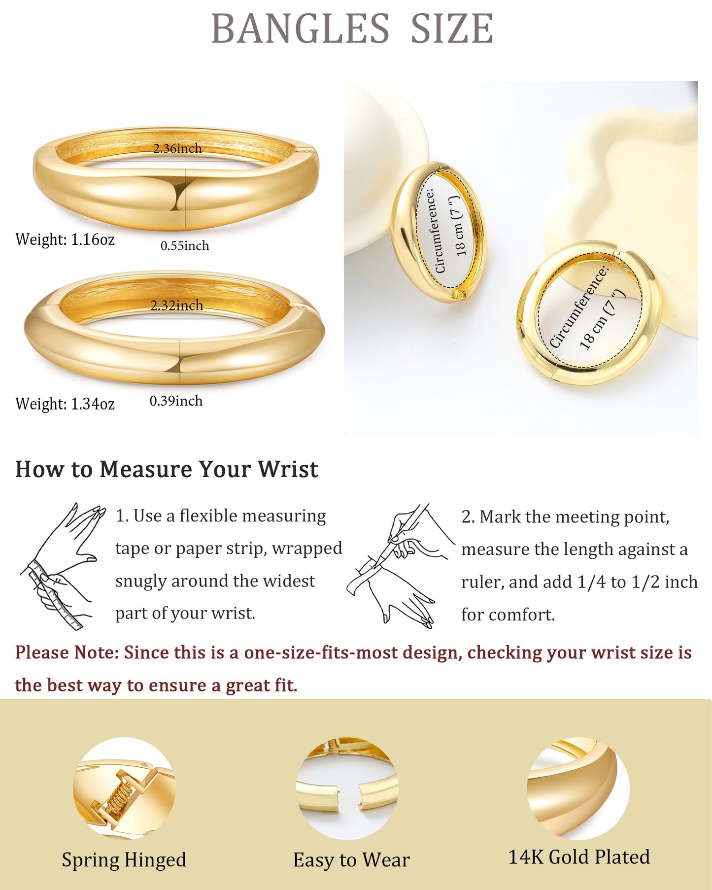 2pcs Gold Bangle Bracelets for Women, Trendy Hinged Cuff Open Wide Chunky Gold Bracelet Stack Arm Cuff Jewelry for Women