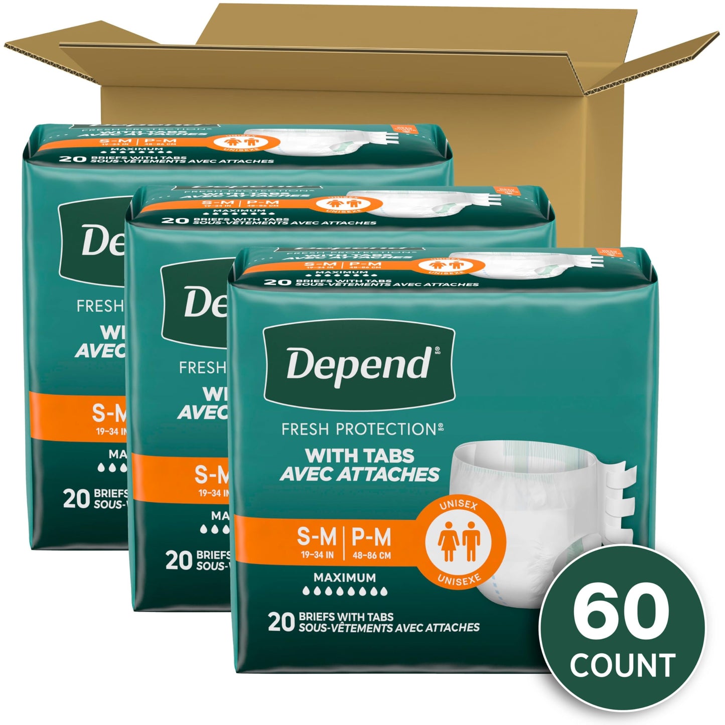Depend Adult Diapers with Tabs, Incontinence Protection with Tabs, Unisex, Large (35–49" Waist, over 170 lbs), Maximum Absorbency, 48 Count (3 Packs of 16)