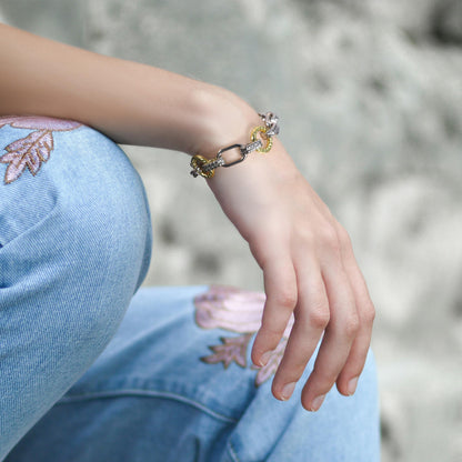 Mytys Chunky Chain Link Bracelet Two-Tone Mixed Metal Textured Toggle Clasp Statement Bangle Bracelet Jewelry for Women Fashion