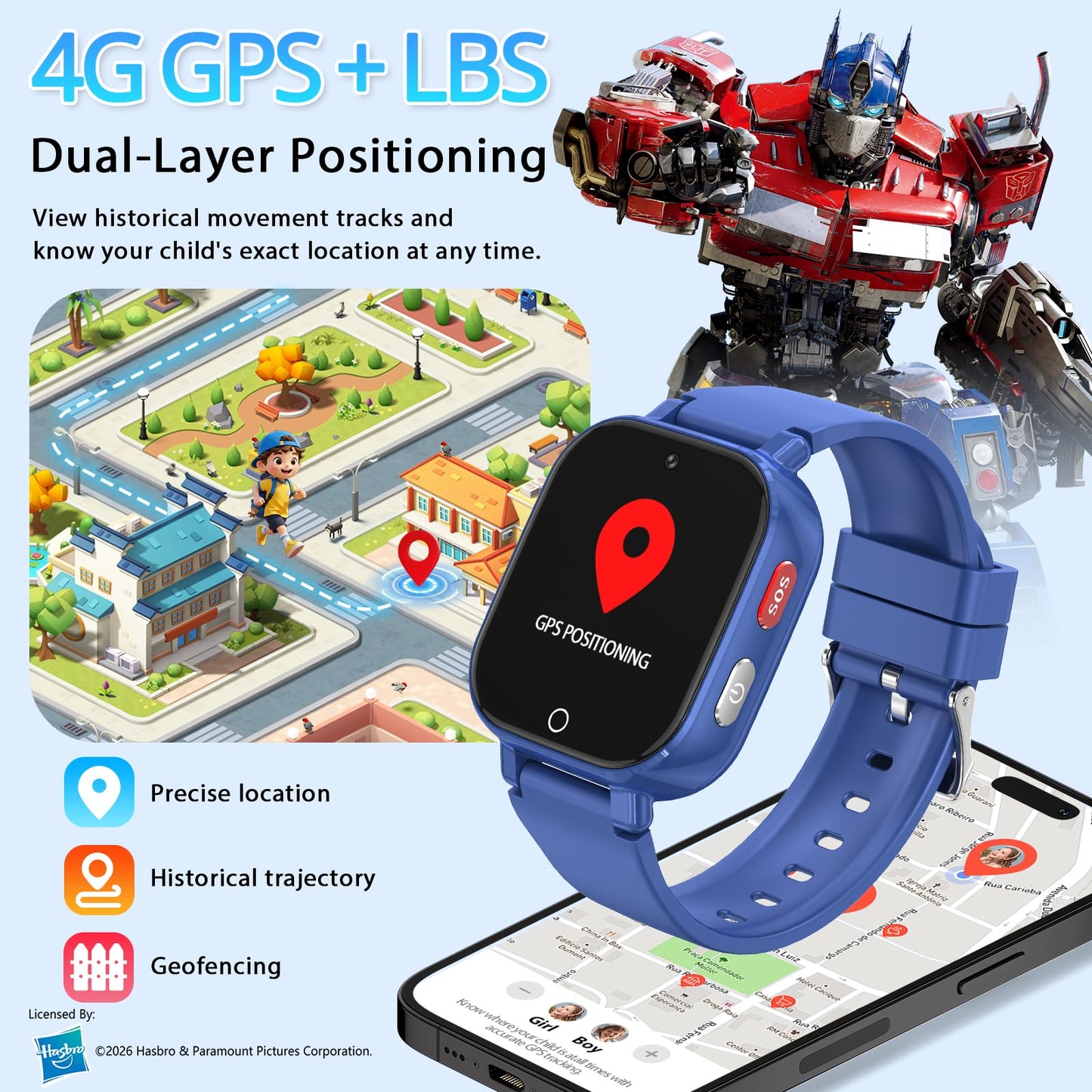 Transformers 4G Kids Smart Watch Phone, GPS, Video Call, Waterproof - Pink | Smartwatch for Boys Girls Ages 4-12, Class Mode, SOS, Camera, Alarm, Touch Screen, Gifts with Bonus Woven Strap & SIM Card