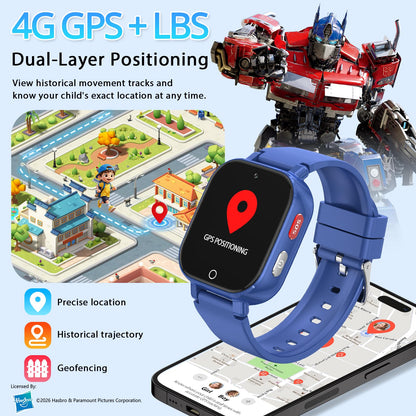 Transformers 4G Kids Smart Watch Phone, GPS, Video Call, Waterproof - Pink | Smartwatch for Boys Girls Ages 4-12, Class Mode, SOS, Camera, Alarm, Touch Screen, Gifts with Bonus Woven Strap & SIM Card