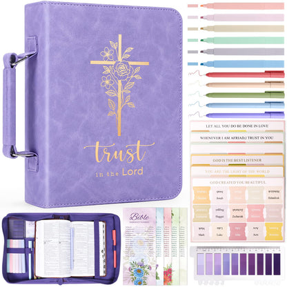 XKDOUS 20 Pcs Bible Case Set with Tabs, Pens, Study Supplies Carrier Holder Portable Men's Bible Bag Church Book Leather Cover Father Day Christian Gift for Dad, Mom, Men, Women
