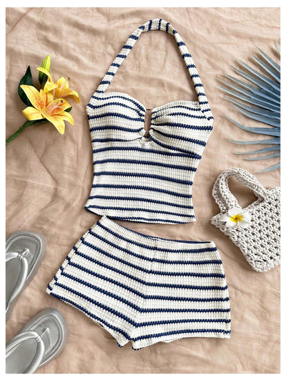 SOLY HUX Women's Summer 2 Piece Outfits Striped Crochet Halter Top Mini Shorts Set Beach Vacation Y2K Sets