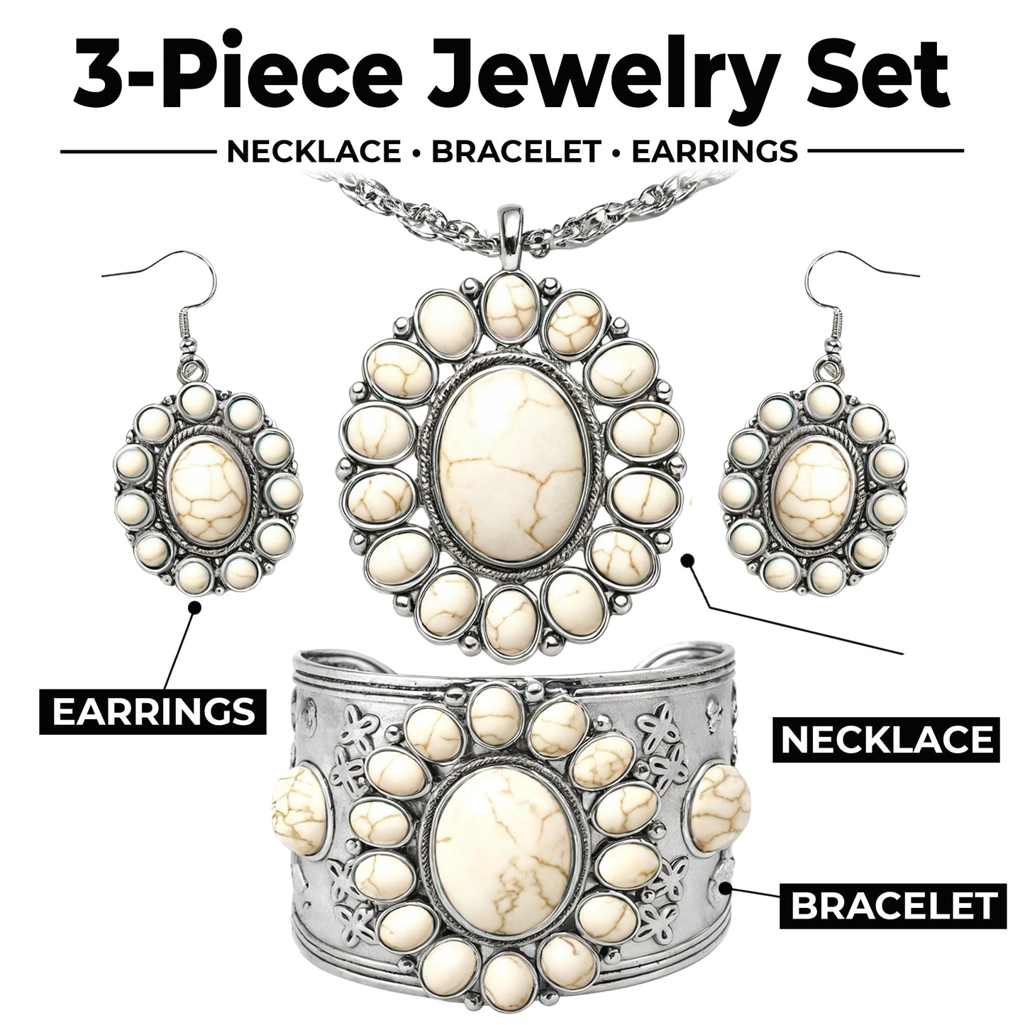 Shop LC Howlite Western Jewelry Set for Women Boho Cowgirl | 3-Piece Necklace Bracelet Earrings, Turquoise-Inspired, Chunky Statement, Southwestern