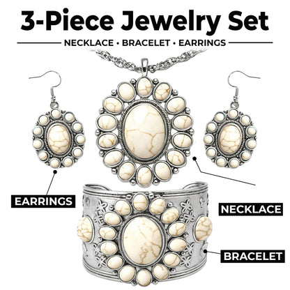 Shop LC Howlite Western Jewelry Set for Women Boho Cowgirl | 3-Piece Necklace Bracelet Earrings, Turquoise-Inspired, Chunky Statement, Southwestern