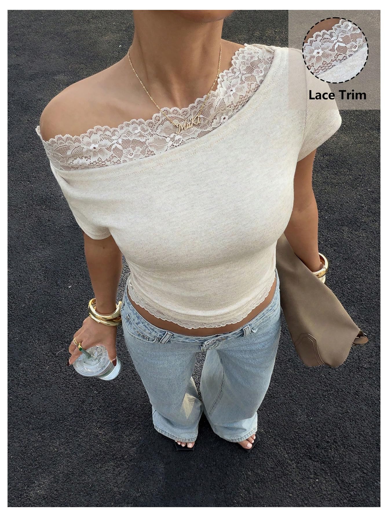 Verdusa Women's Y2K Lace Off The Shoulder Tops Cropped T Shirts Summer Chic Outfits