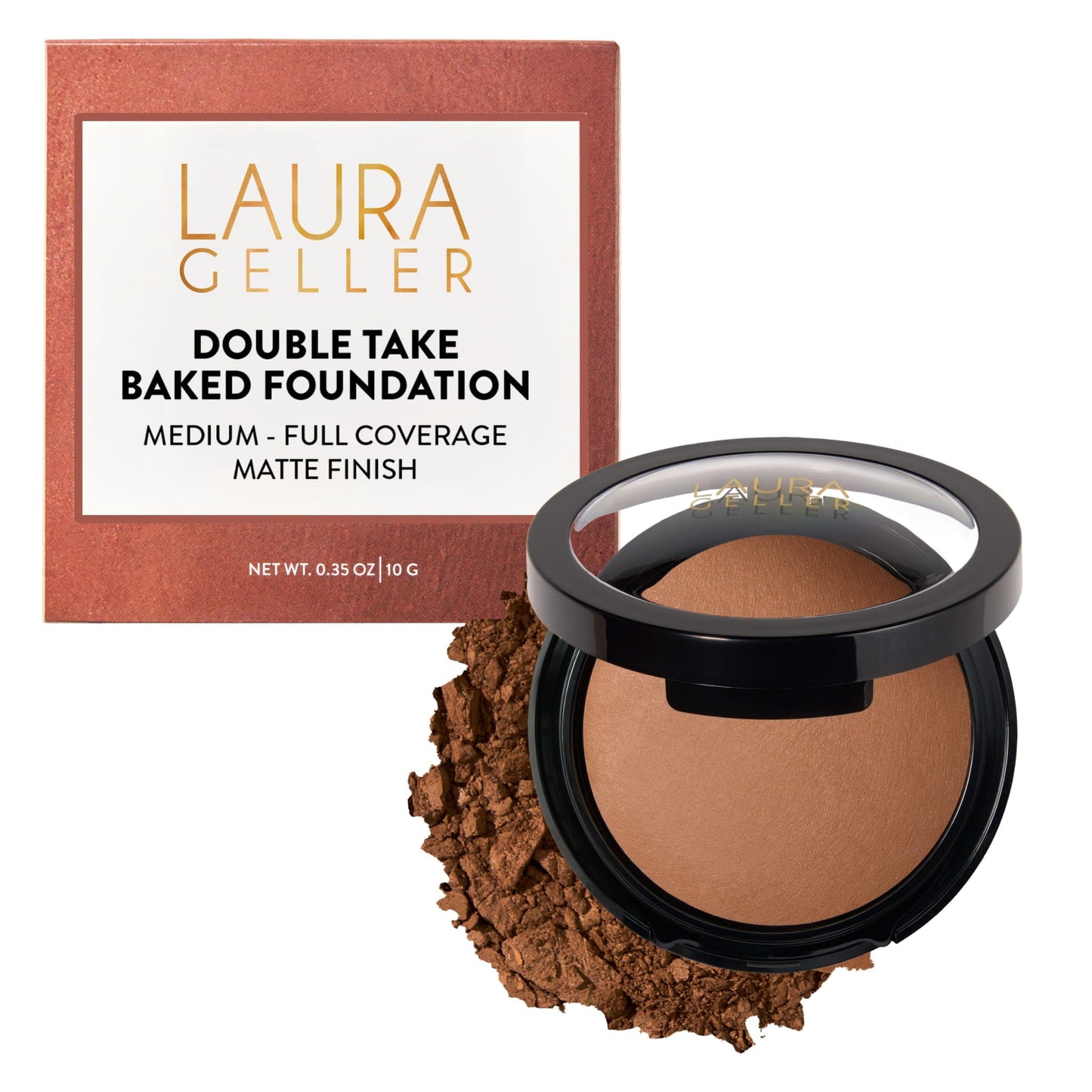 LAURA GELLER NEW YORK Baked Double Take Powder Foundation – Longwear Buildable Medium to Full Coverage – Matte Finish – Non-Caking Formula – Handmade in Italy – Mature & Sensitive Skin – Tan