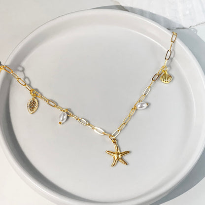 Zeffy Shell Necklace for Women,14K Gold Plated Layered Starfish Conch SeaShell Pearl Pendant Charm Necklace Stack Waterproof Dainty Beach Jewelry for Summer Vacation