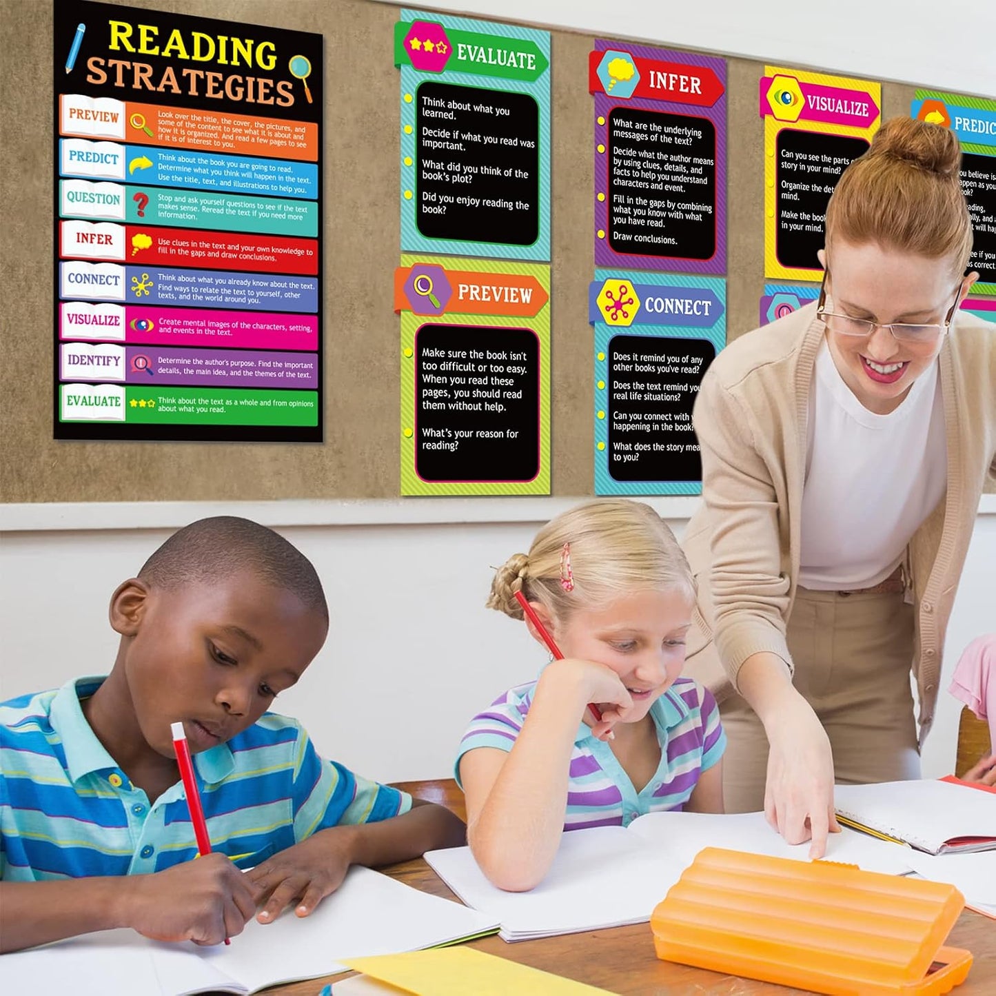 Tevxj 10 Pieces Reading Strategies Posters Educational Bulletin Board Set for Classroom Laminated Grammar Posters for Elementary Middle School Classroom Supplies Decorations