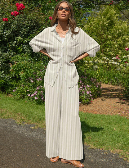 TARSE Womens Linen 2 Piece Outfits Casual Lounge Sets | Long Sleeve, Button Down Shirt and Wide Leg Pants, loose fit linen, vacation outfits with Pockets