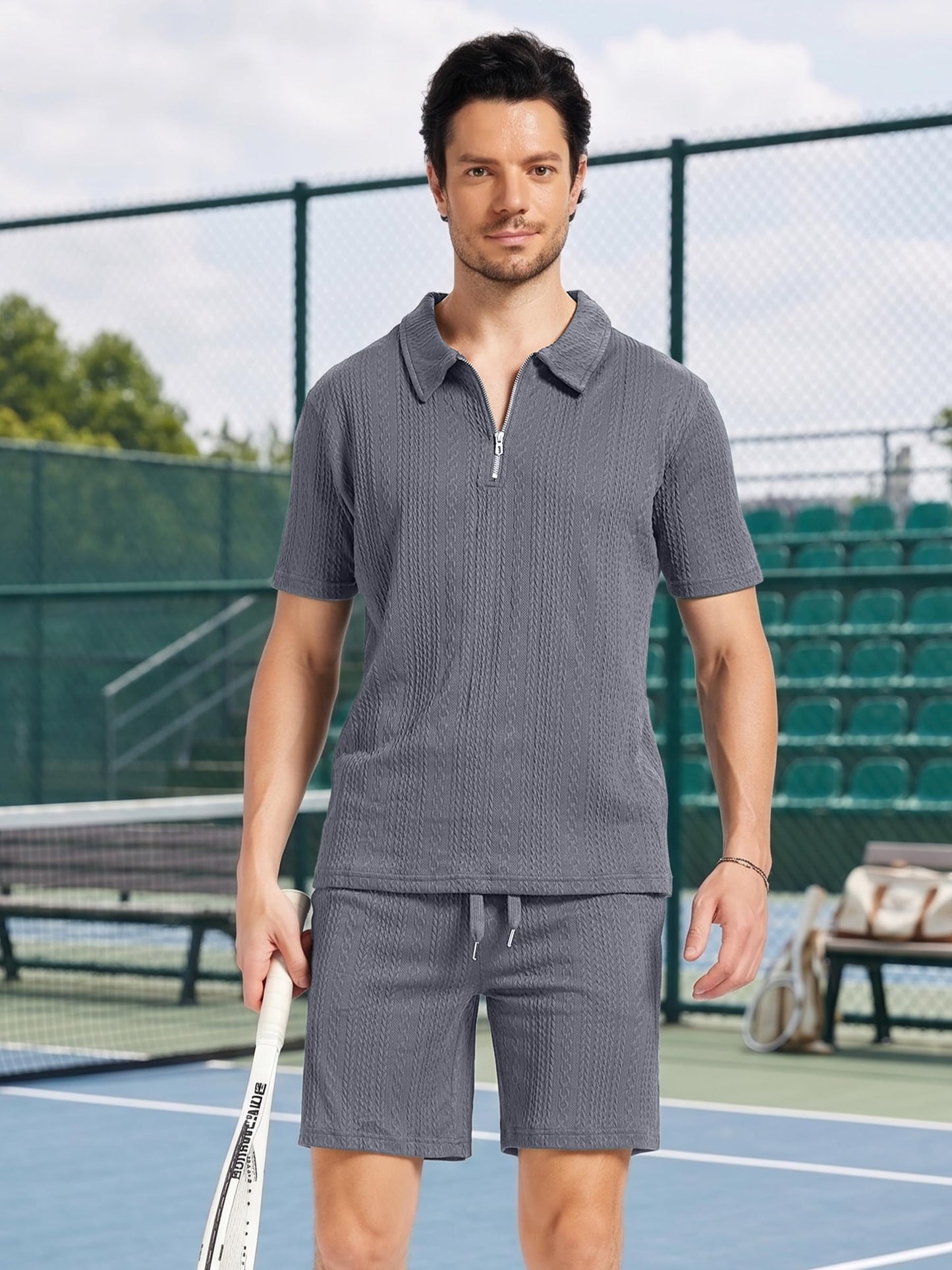 yuyangdpb Men's 2 Piece Summer Vacation Outfits Polo Shirt & Shorts Set | Breathable Textured Knit Fabric, Stretchy, Soft, Moisture-wicking, Lightweight, Ideal for Beach Casual Tracksuit, M-2XL