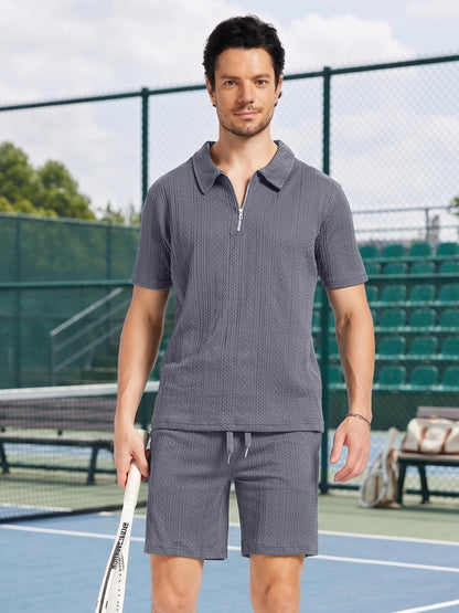 yuyangdpb Men's 2 Piece Summer Vacation Outfits Polo Shirt & Shorts Set | Breathable Textured Knit Fabric, Stretchy, Soft, Moisture-wicking, Lightweight, Ideal for Beach Casual Tracksuit, M-2XL