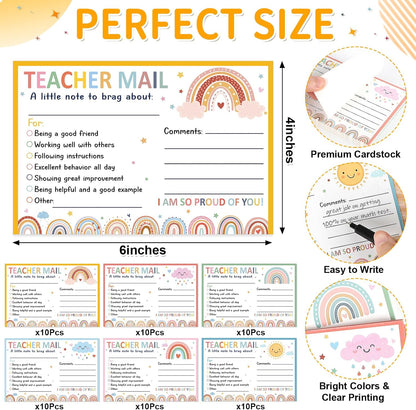 60Pcs Teacher Mail Notes to Parents, Boho Happy Mail from Teacher, Brag Cards for Students Behavior Classroom Must Haves to Send Home for Preschool Kindergarten Elementary School Supplies (Boho)