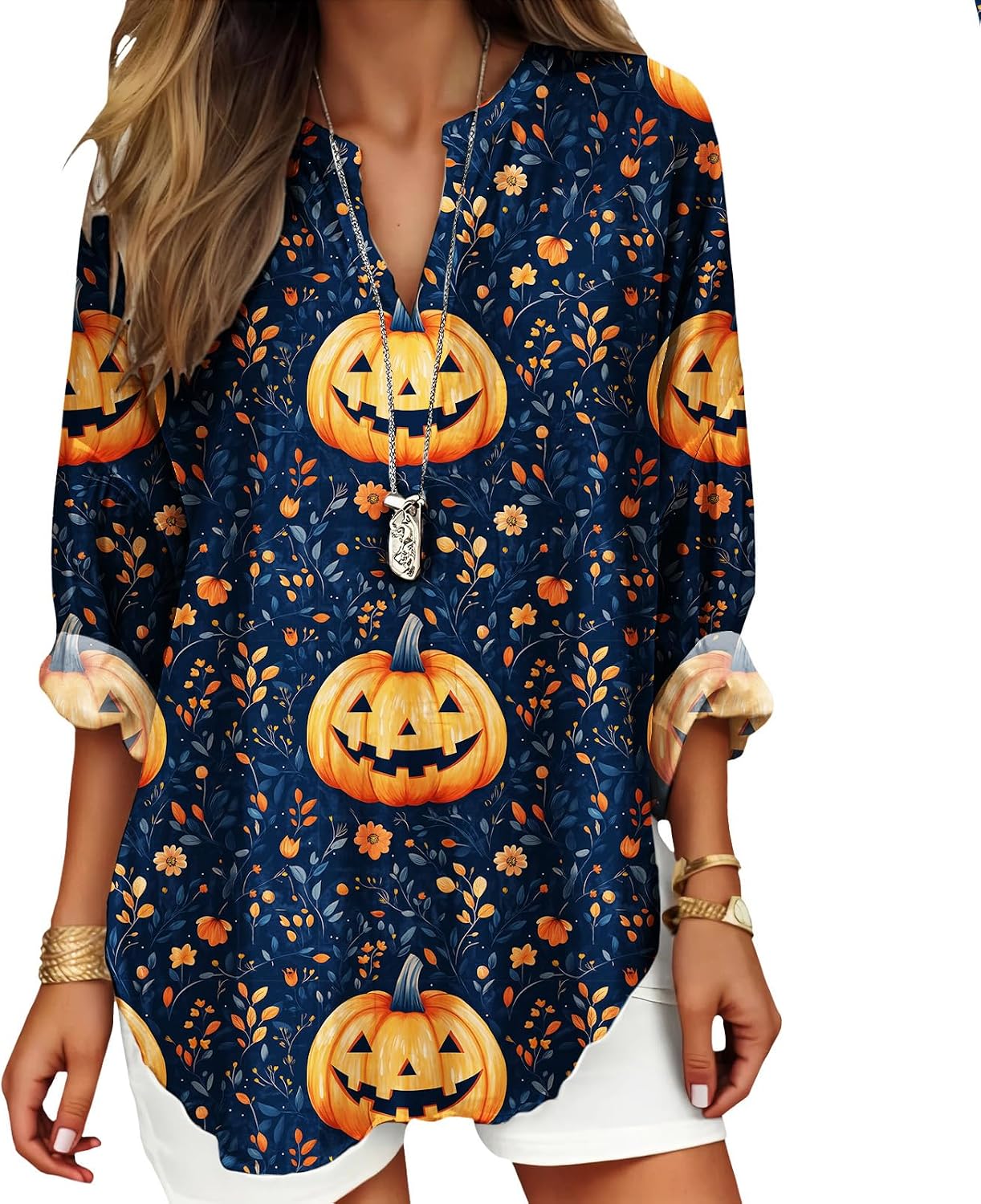 Womens Bohemian Print Tunic Top Cotton Blend V Neck Long Sleeve Loose Fit Casual Blouse for Summer Beach Vacation