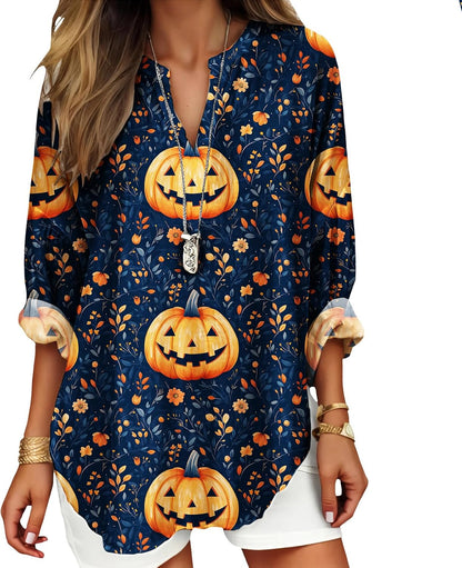 Womens Bohemian Print Tunic Top Cotton Blend V Neck Long Sleeve Loose Fit Casual Blouse for Summer Beach Vacation