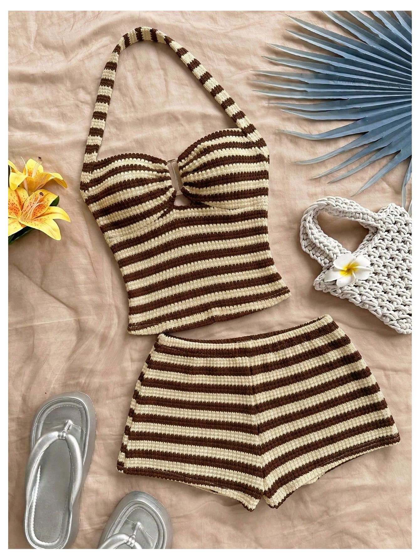 SOLY HUX Women's Summer 2 Piece Outfits Striped Crochet Halter Top Mini Shorts Set Beach Vacation Y2K Sets