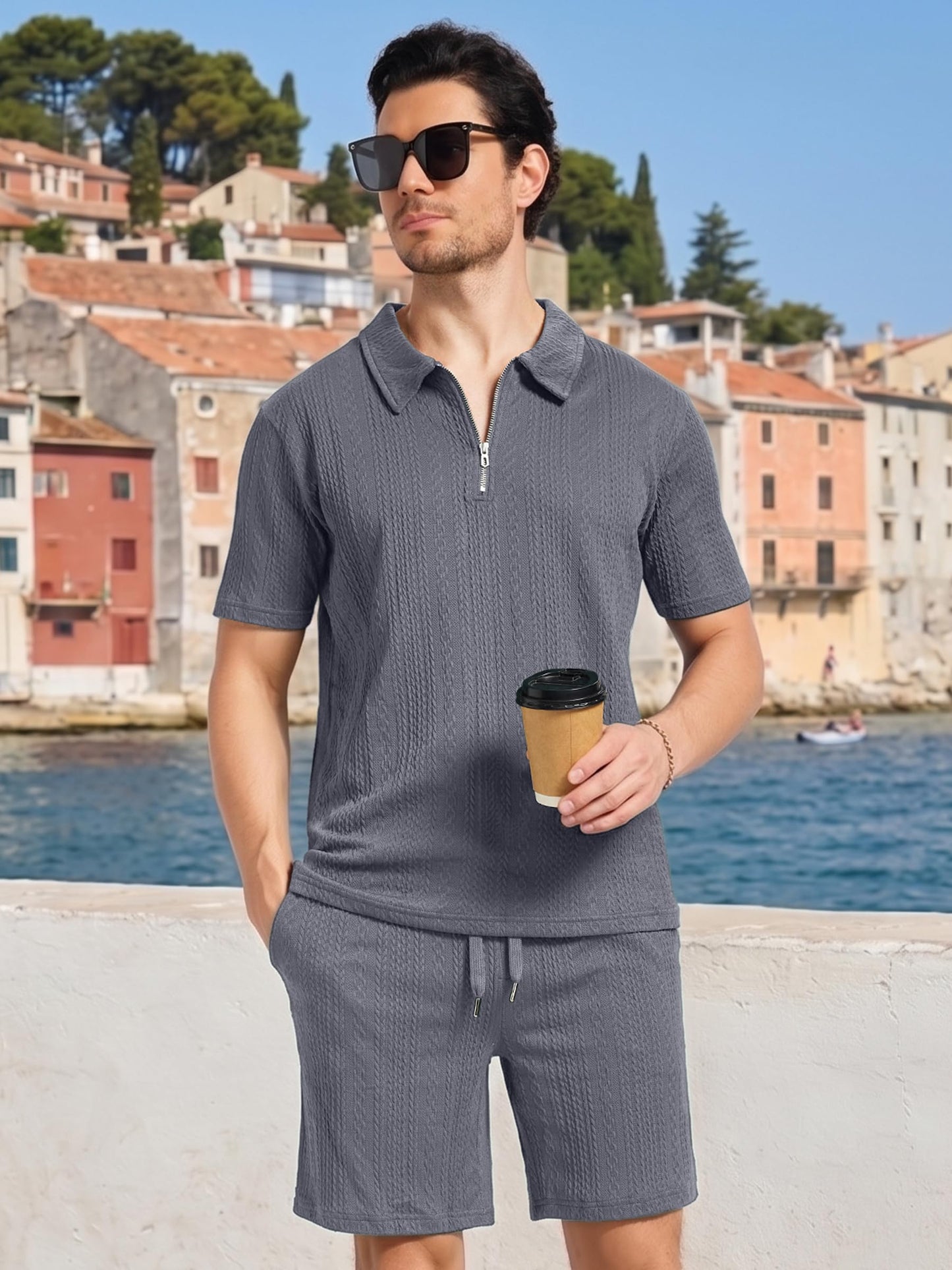 yuyangdpb Men's 2 Piece Summer Vacation Outfits Polo Shirt & Shorts Set | Breathable Textured Knit Fabric, Stretchy, Soft, Moisture-wicking, Lightweight, Ideal for Beach Casual Tracksuit, M-2XL