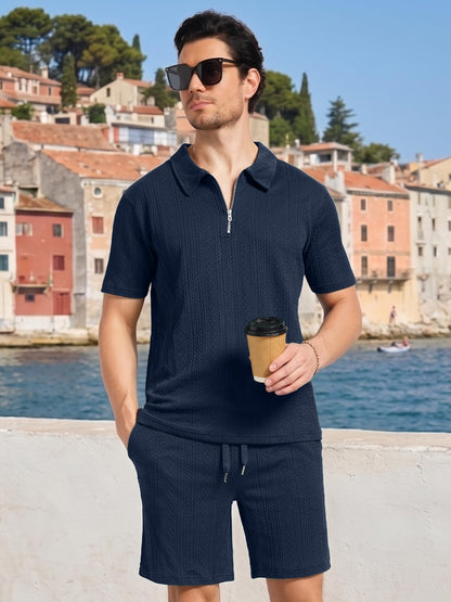 yuyangdpb Men's 2 Piece Summer Vacation Outfits Polo Shirt & Shorts Set | Breathable Textured Knit Fabric, Stretchy, Soft, Moisture-wicking, Lightweight, Ideal for Beach Casual Tracksuit, M-2XL