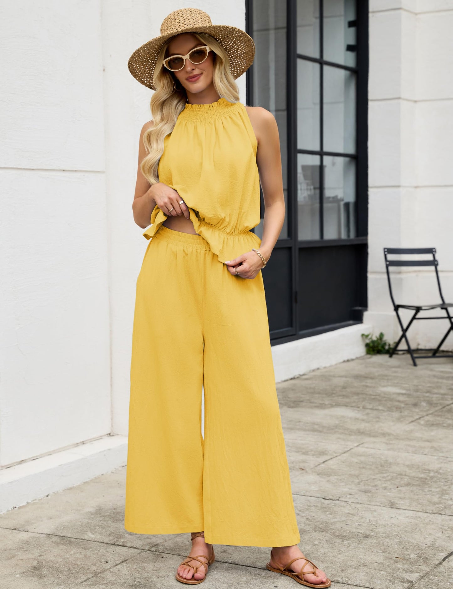 Tanming Women's Linen 2 Piece Outfits Sleeveless Ruffle Top Wide Leg Pants Summer Loungewear Beach Travel Sets