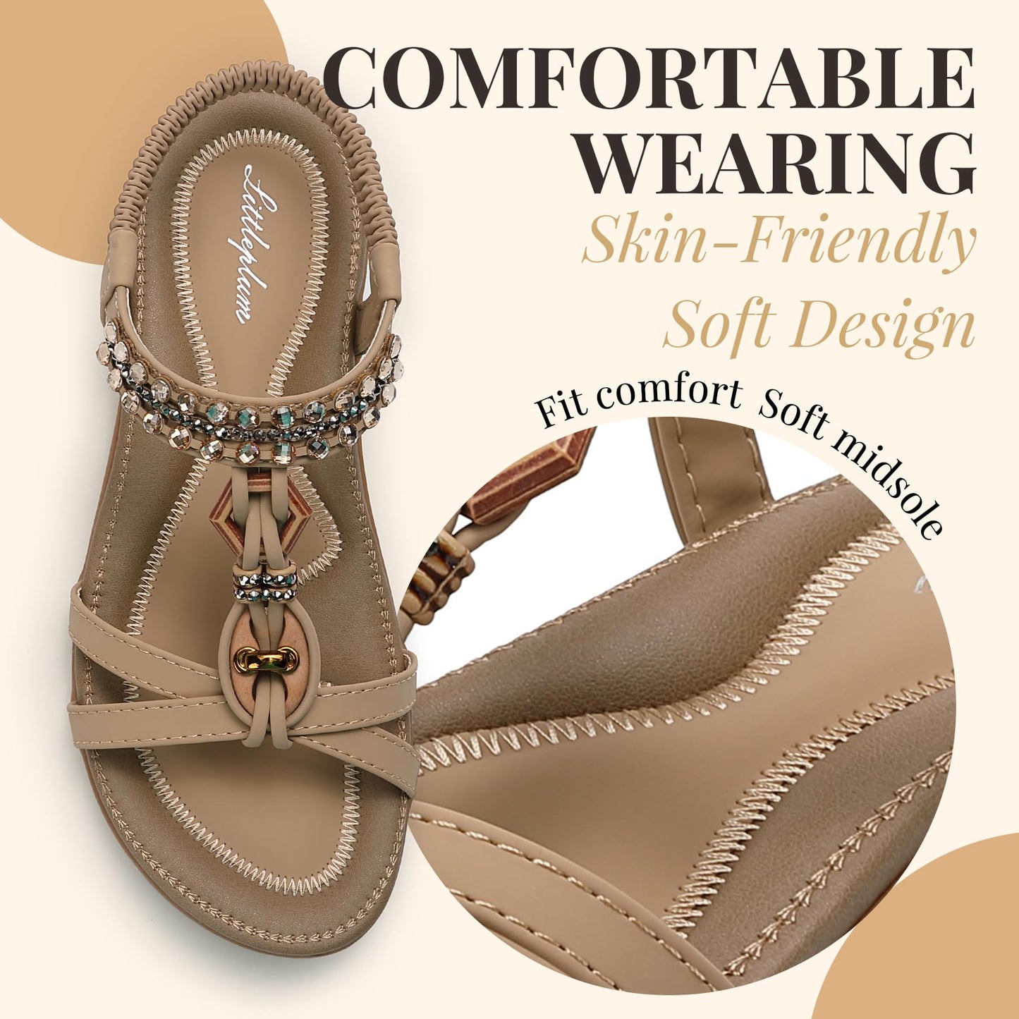 Littleplum Womens Sandals Arch Support Slingback Rhinestone Dressy Sandals Comfort Summer Shoes Ankle Strap Elastic Flats for Beach Walking