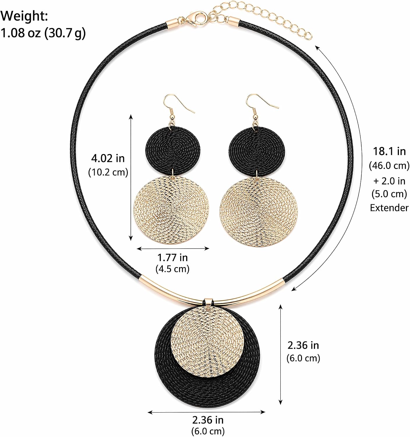 Gold Disc Pendant Necklace Earrings Set Leather Cord Black Circle Statement Necklaces Geometric Textured Medallion Jewelry For Women Party Fashion