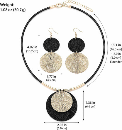 Gold Disc Pendant Necklace Earrings Set Leather Cord Black Circle Statement Necklaces Geometric Textured Medallion Jewelry For Women Party Fashion