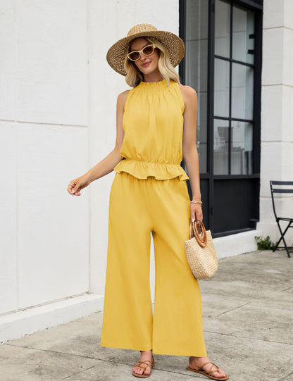 Tanming Women's Linen 2 Piece Outfits Sleeveless Ruffle Top Wide Leg Pants Summer Loungewear Beach Travel Sets