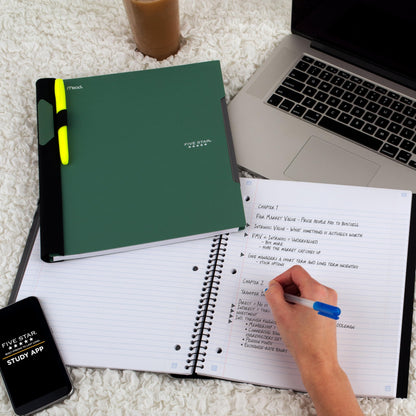 Five Star Advance Spiral Notebook + Study App, 5 Subject, College Ruled Paper, 8-1/2" x 11", 200 Sheets, Spiral Guard, Movable Tabbed Dividers, Black (73144)