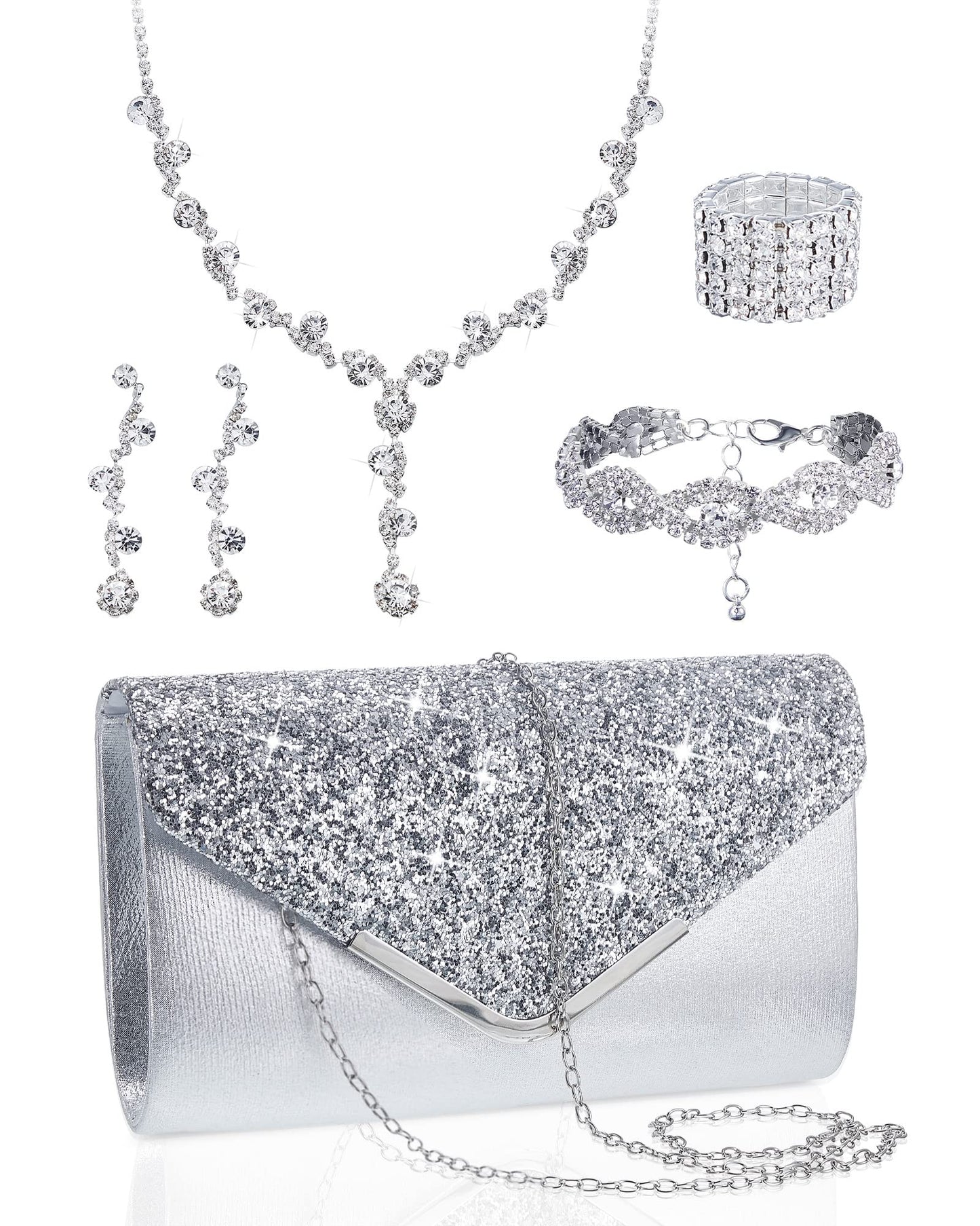 Henoyso 5 Pcs Purse Rhinestone Jewelry Set Prom Jewelry Rhinestone Clutch Purse Necklace Earrings Bracelets for Women Bride