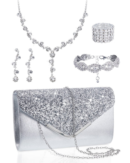Henoyso 5 Pcs Purse Rhinestone Jewelry Set Prom Jewelry Rhinestone Clutch Purse Necklace Earrings Bracelets for Women Bride