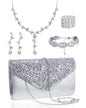 Henoyso 5 Pcs Purse Rhinestone Jewelry Set Prom Jewelry Rhinestone Clutch Purse Necklace Earrings Bracelets for Women Bride