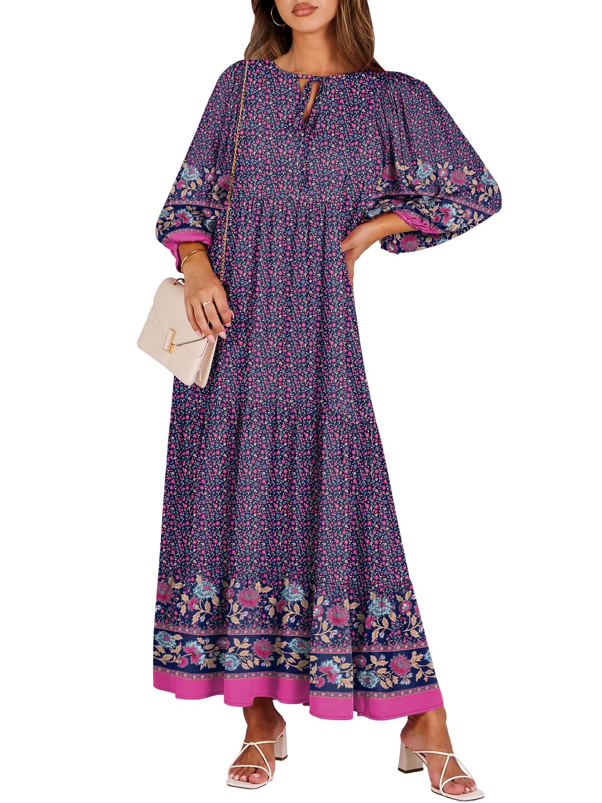 ANRABESS Womens Boho Floral 3/4 Puff Sleeve Maxi Dress | Tiered Flowy Loose Fit, Comfy Soft Rayon Fabric, Wedding Guest Church Beach, Modest Elegant, Spring Summer Fall Outfits