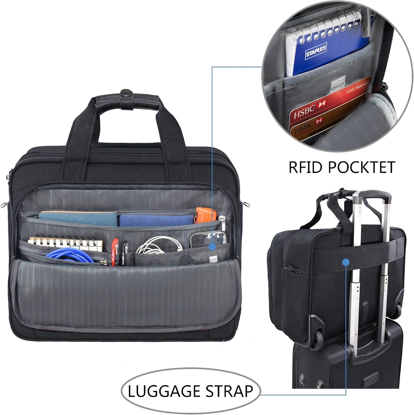 KROSER Rolling Laptop Bag Premium Wheeled Briefcase Fits Up to 17.3 Inch Laptop Overnight Roller Case Computer Bag with RFID Pockets for Travel/Business/Men/Women-Black
