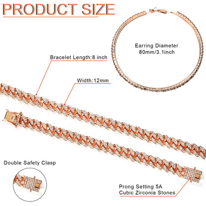 Batiyeer 3 Pcs Cuban Link Chain Necklace Bracelet Rhinestone Hoop Earrings Bling Crystal Hip Hop Jewelry for Women(18 Inch,Gold)