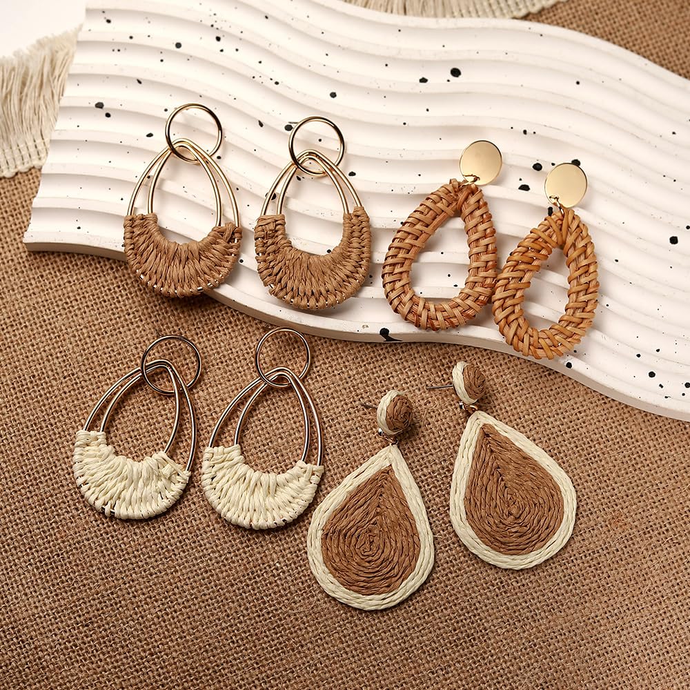 4 Pairs Handmade Raffia Rattan Bohemian Round Drop Dangle Earrings for Women, Boho Statement Cute Fun Hoop Earrings Set
