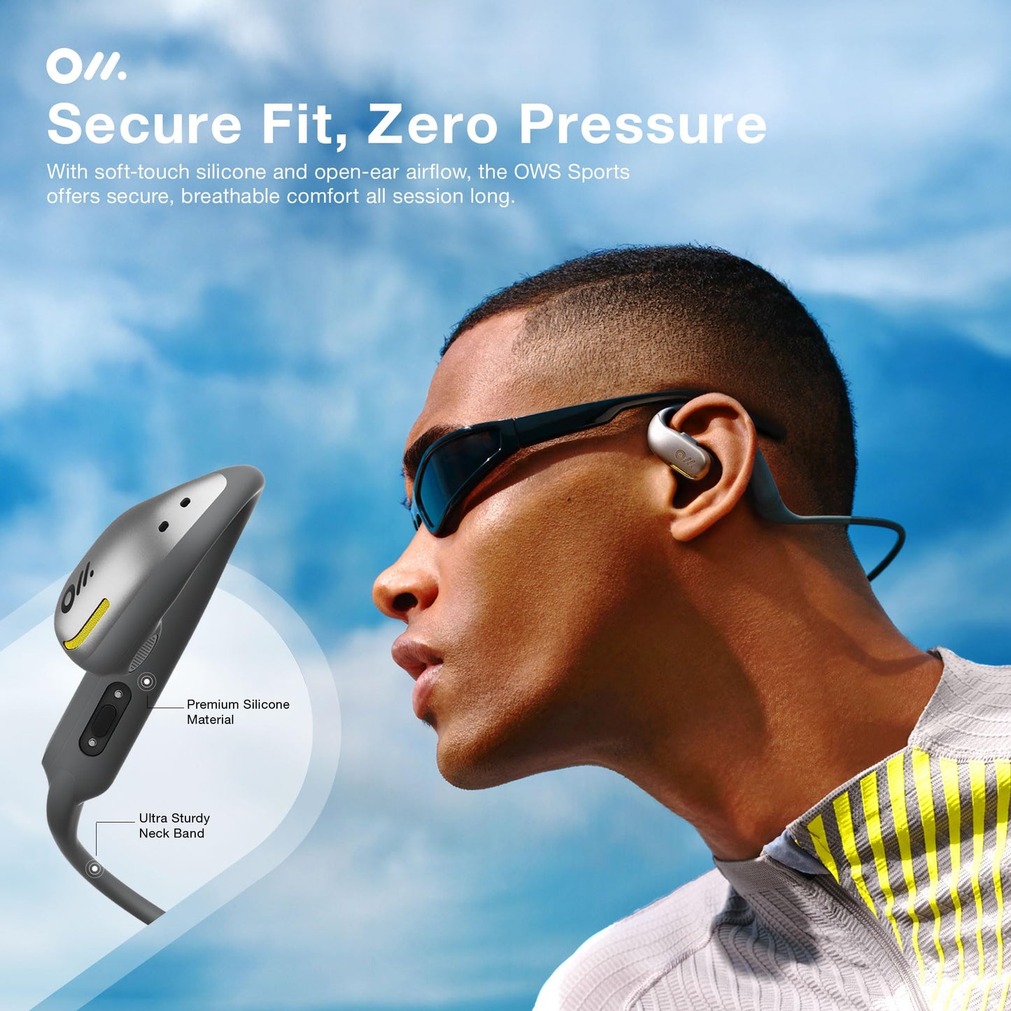 Oladance OWS Sports Open Ear Headphones, Comfortable & Stable Fit, 15H Battery Life, IPX8 Waterproof, Noise Canceling, Crystal Clear Audio, Multi-Point Bluetooth Connection, Durable Neckband (Grey)