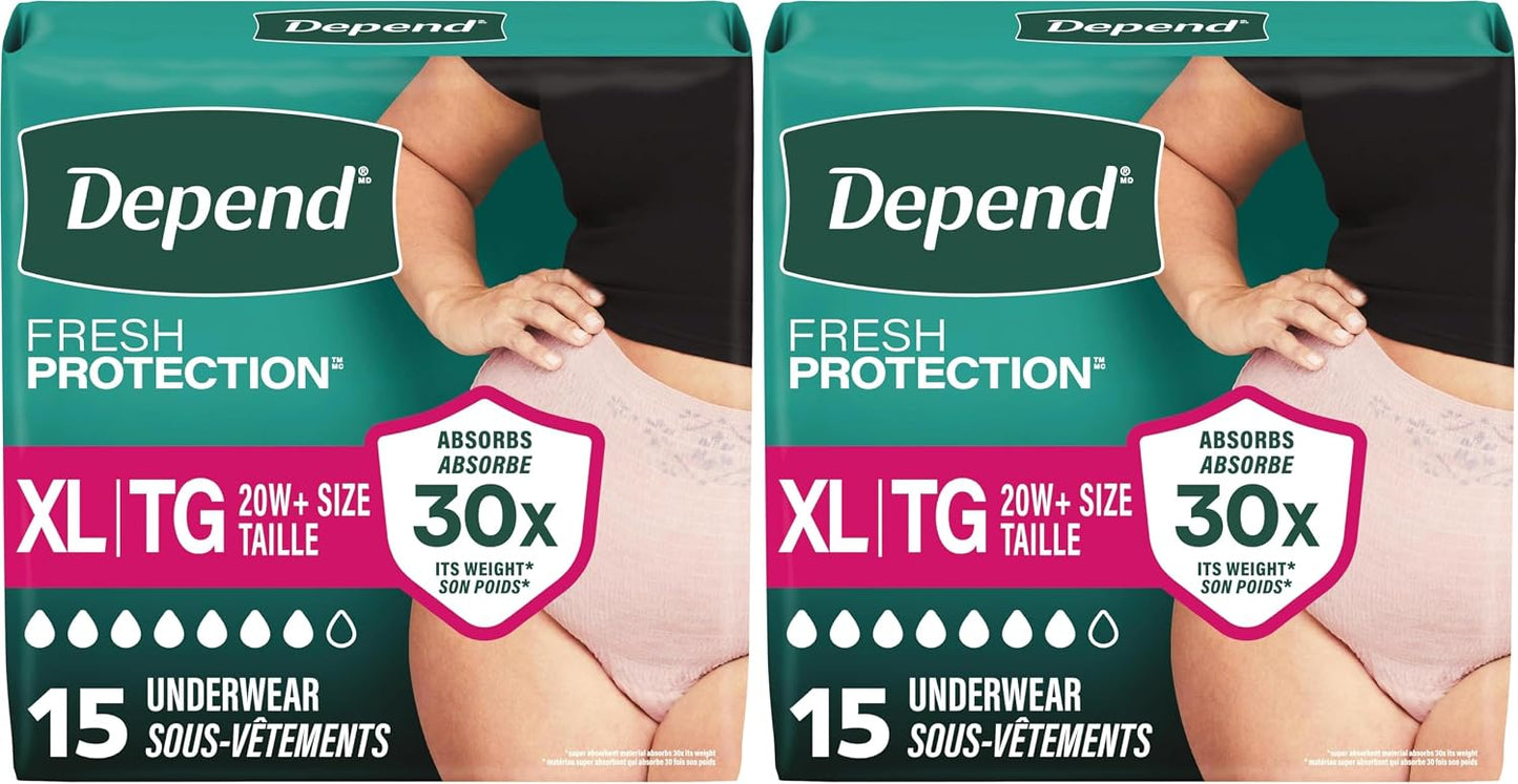 Depend Fresh Protection Adult Diapers, Incontinence Underwear for Women, Disposable, Maximum, XXL, Blush, 44 Count (2 Packs of 22), Packaging May Vary