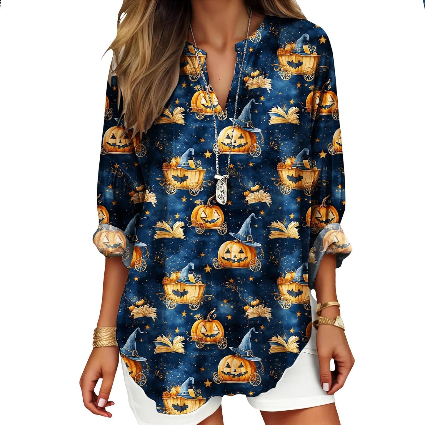 Womens Bohemian Print Tunic Top Cotton Blend V Neck Long Sleeve Loose Fit Casual Blouse for Summer Beach Vacation