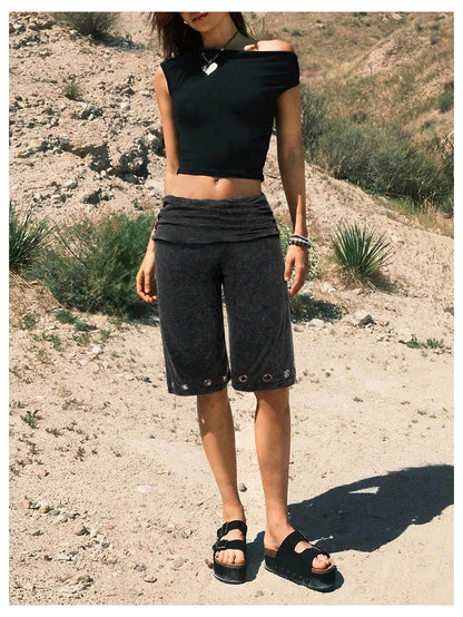 Verdusa Women's Fold Over Shorts Carpi Pants Washed Grommet Bermuda Shorts Gaucho Pants Going Out