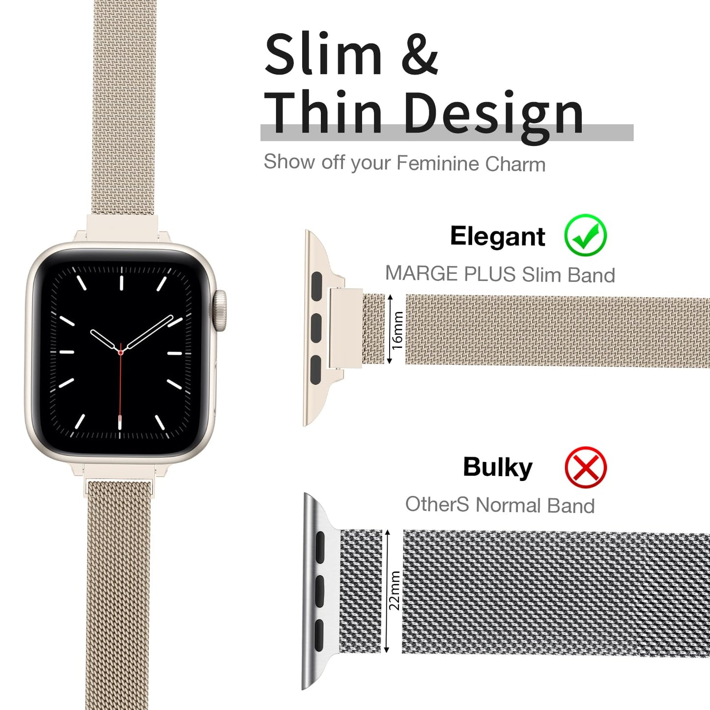 MARGE PLUS Slim Milanese Loop Compatible with Apple Watch Band for women 41mm 40mm 38mm 42mm 46mm 45mm 44mm, Stainless Steel Magnetic Mesh Strap work on iWatch Series 11 10 9 8 7 6 5 4 3 & SE 3 2 1