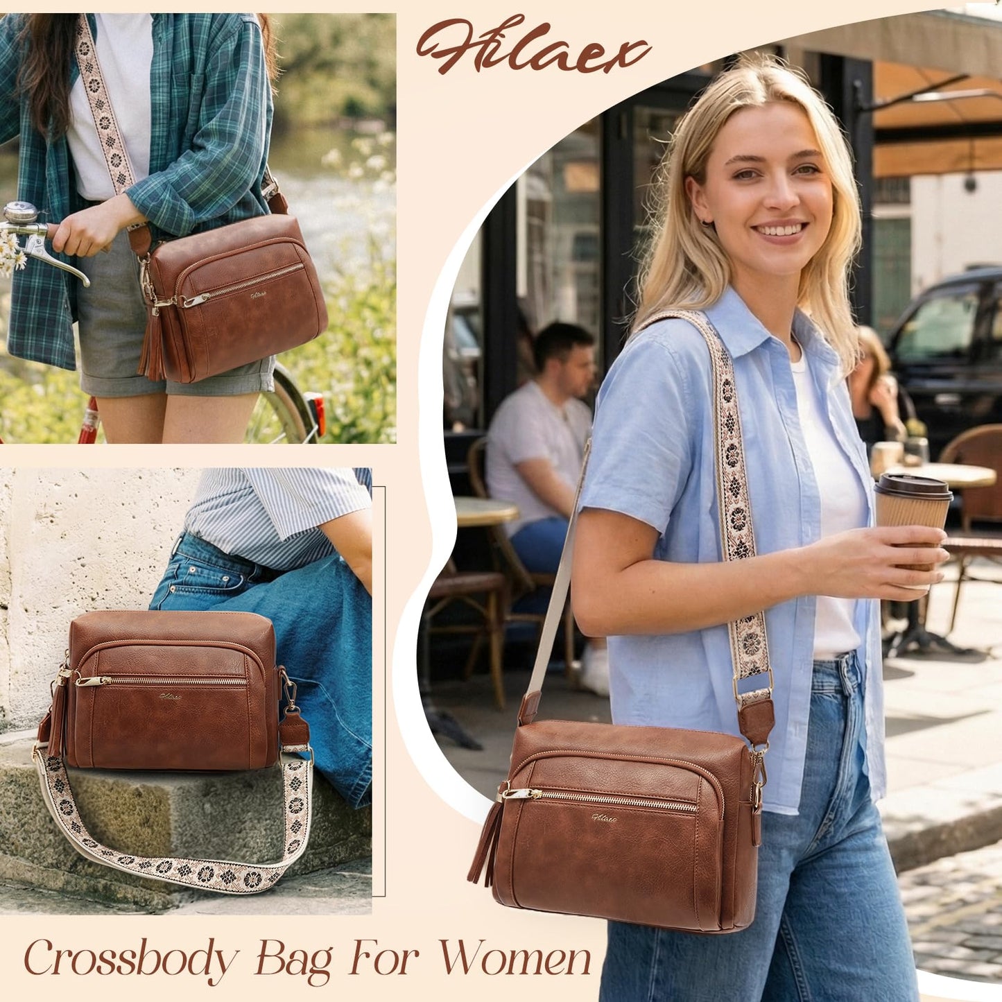 Small Leather Crossbody Bags for Women Anti theft Purses and Handbag Shoulder Hangbag with Wide Strap Tassel