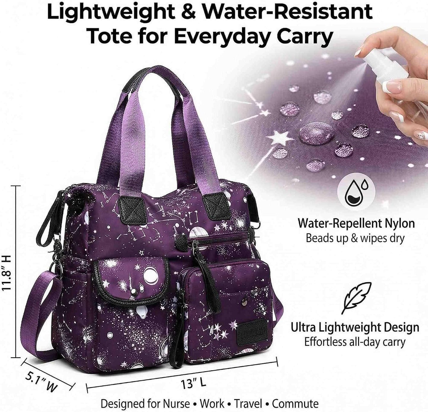Tote Bag for Women,Multi Pockets Shoulder Handbag,Nurse Bag for Work,Large Cross body Purse,Fashion Nylon Top Handle Satchel