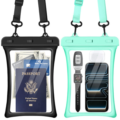 CACOE Floatable Waterproof Phone Pouch 2 Pack Up to 9.0", Black+Green | Floatable, IPX8 Waterproof Phone Case,Adjustable Lanyard,Dry Bags for Beach/Cruise/Travel/Camping/Kayak/Vacation Essentials
