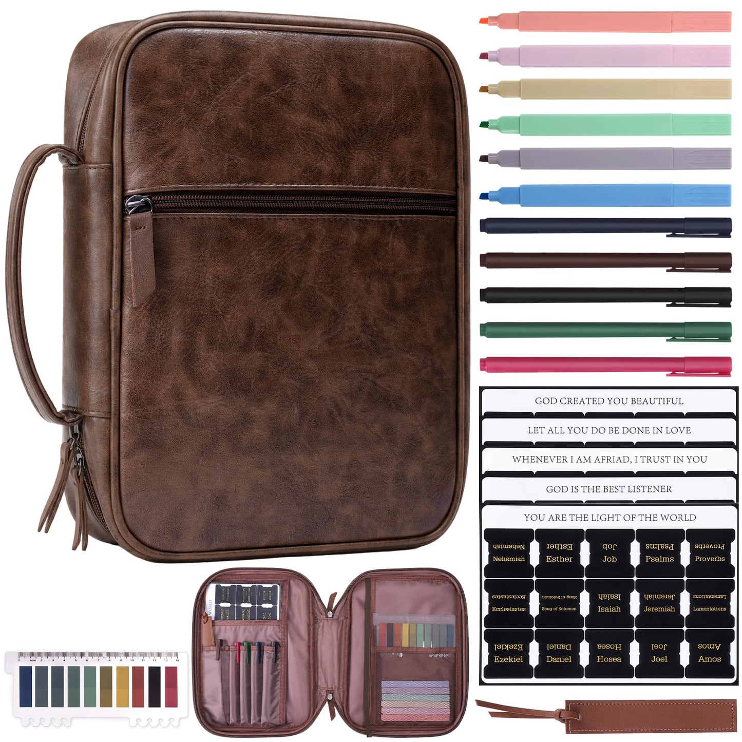 XKDOUS 20 Pcs Bible Case Set with Tabs, Pens, Study Supplies Carrier Holder Portable Men's Bible Bag Church Book Leather Cover Father Day Christian Gift for Dad, Mom, Men, Women
