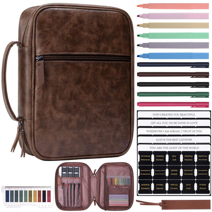 XKDOUS 20 Pcs Bible Case Set with Tabs, Pens, Study Supplies Carrier Holder Portable Men's Bible Bag Church Book Leather Cover Father Day Christian Gift for Dad, Mom, Men, Women