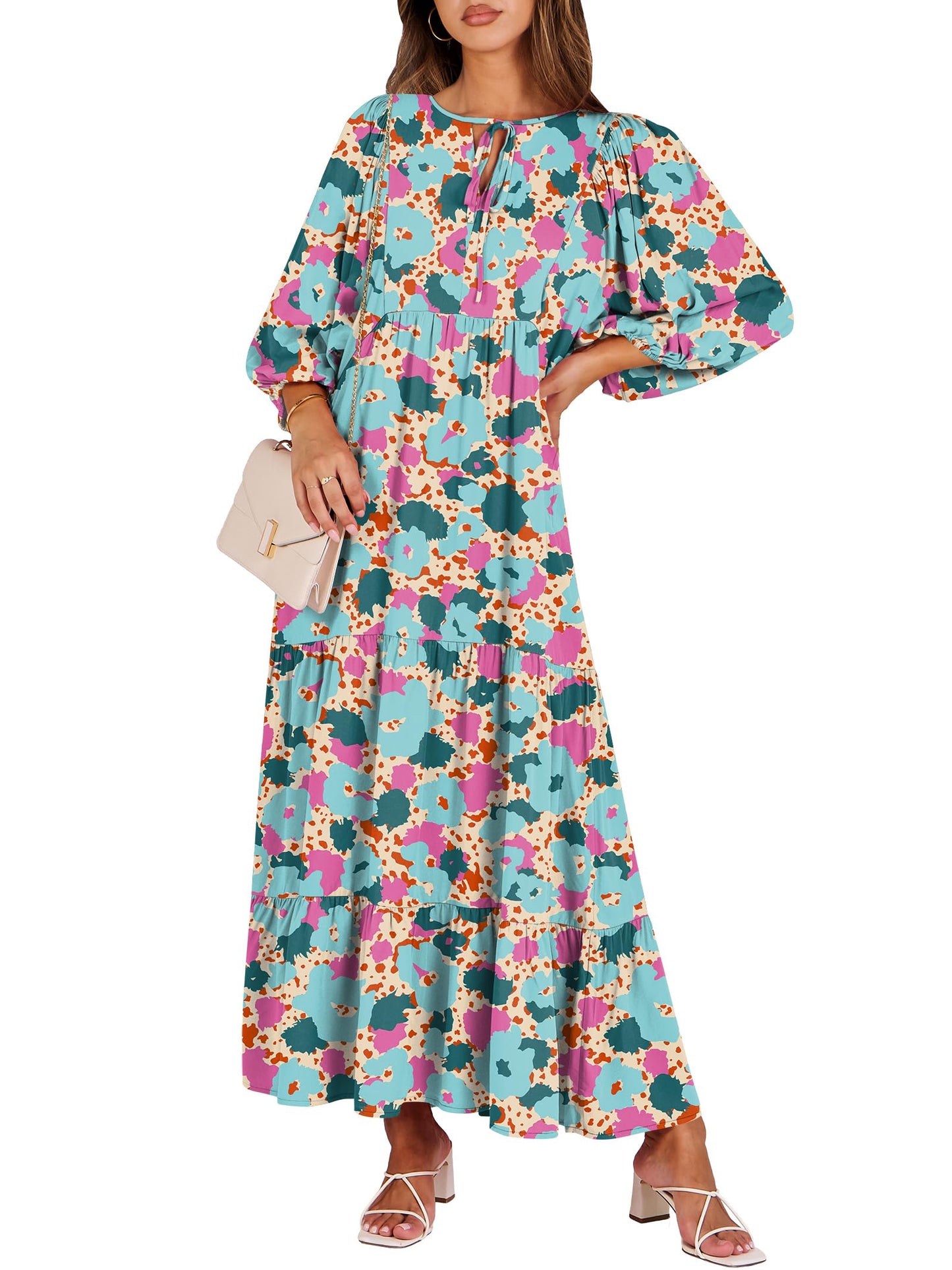 ANRABESS Womens Boho Floral 3/4 Puff Sleeve Maxi Dress | Tiered Flowy Loose Fit, Comfy Soft Rayon Fabric, Wedding Guest Church Beach, Modest Elegant, Spring Summer Fall Outfits