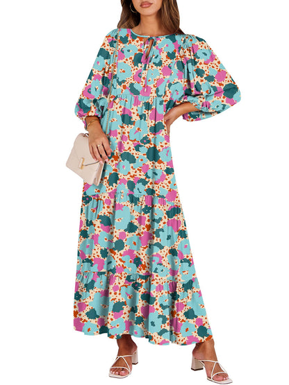 ANRABESS Womens Boho Floral 3/4 Puff Sleeve Maxi Dress | Tiered Flowy Loose Fit, Comfy Soft Rayon Fabric, Wedding Guest Church Beach, Modest Elegant, Spring Summer Fall Outfits