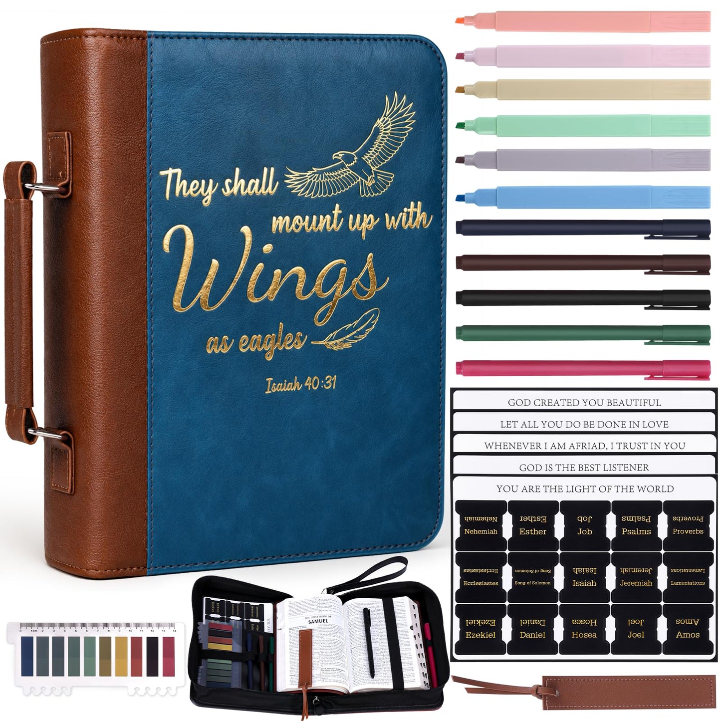 XKDOUS 20 Pcs Bible Case Set with Tabs, Pens, Study Supplies Carrier Holder Portable Men's Bible Bag Church Book Leather Cover Father Day Christian Gift for Dad, Mom, Men, Women
