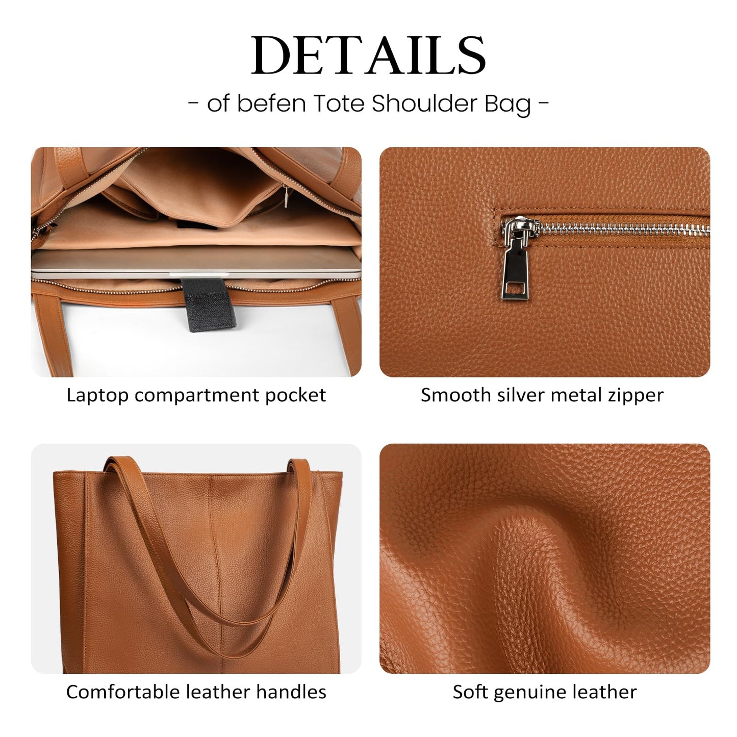 befen Genuine Leather Tote Bag for Women Work, Women's Leather Shoulder Bags Purses Satchel Handbags with Laptop Compartment