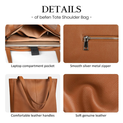 befen Genuine Leather Tote Bag for Women Work, Women's Leather Shoulder Bags Purses Satchel Handbags with Laptop Compartment